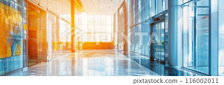 Bright modern office hallway with floor-to-ceiling windows, glass walls, and large potted plants, featuring abstract art. Concept of open workspaces. Bright modern office hallway with floor-to-ceiling windows, glass walls, and large potted plants, featuring abstract art. Concept of open workspaces. 116002011