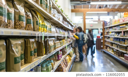 An aisle of healthy, organic products features eco-friendly packaging. Customers pick their favorite granolas. An aisle of healthy, organic products features eco-friendly packaging. Customers pick their favorite granolas. 116002055