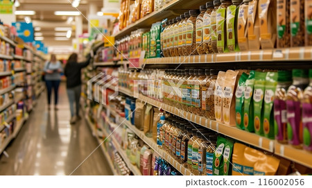 A dedicated aisle features eco-friendly packed organic products. Shoppers pick their favorite granola and more. A dedicated aisle features eco-friendly packed organic products. Shoppers pick their favorite granola and more. 116002056
