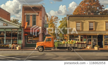 A charming supermarket in a quaint town, with a local farmer's truck delivering fresh produce, adds to the welcoming atmosphere. 116002058