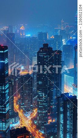Night view of a cityscape with illuminated skyscrapers and streets. Modern urban environment and corporate buildings 116002104