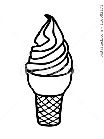 Ice Cream in a waffle cone doodle hand drawn in thin line style with ink brush 116002173