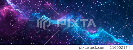Abstract neon digital landscape with dynamic lines and glowing particles, perfect for technology and futuristic themes. 116002174