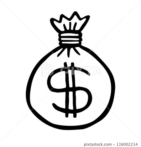 Doodle money bag icon hand drawn with thin black line. 116002214