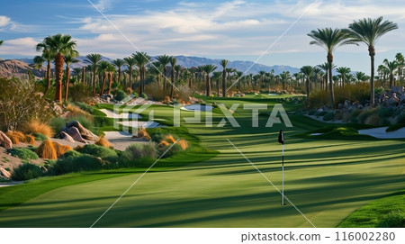 A challenging desert oasis golf course, with lush palm trees and sand dunes, offers beauty and difficulty. 116002280