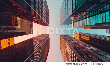 Low angle view of skyscrapers with golden reflections at sunset. Urban architecture and modern business district. 116002295