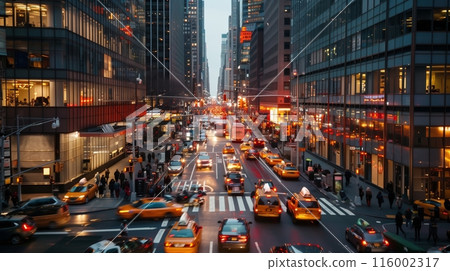 A bustling urban junction with cool LED streetlights contrasting warm interior lights, creating vibrancy. 116002317