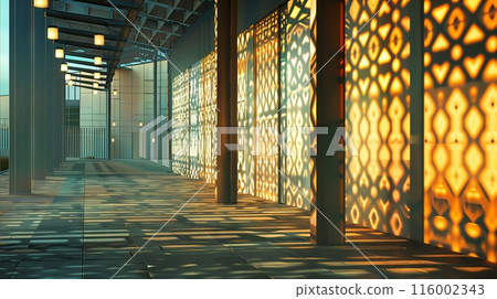 Artistic impressions show streetlights casting geometric patterns on urban plaza walls, merging light and architecture. Artistic impressions show streetlights casting geometric patterns on urban plaza walls, merging light and architecture. 116002343