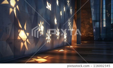 Streetlights cast intricate patterns on urban plaza walls, creating a mesmerizing play of shadows and shapes. Streetlights cast intricate patterns on urban plaza walls, creating a mesmerizing play of shadows and shapes. 116002345