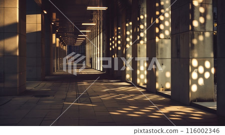 Streetlights cast geometric patterns on modern plaza walls, creating a captivating, contemporary atmosphere. Streetlights cast geometric patterns on modern plaza walls, creating a captivating, contemporary atmosphere. 116002346