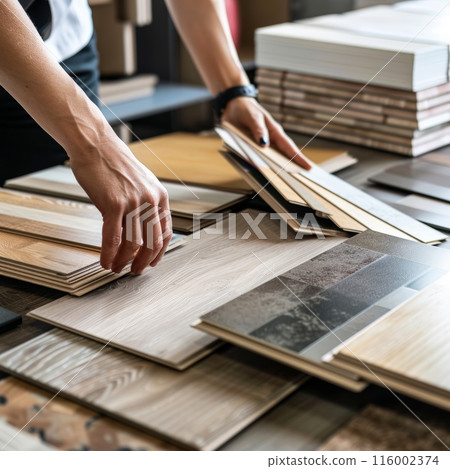A woman examines various wood flooring samples in a home improvement store, comparing textures  116002374