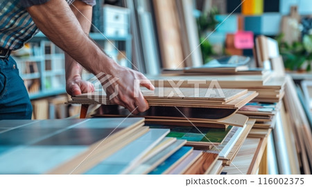 A man is browsing wood flooring samples at a home improvement store 116002375