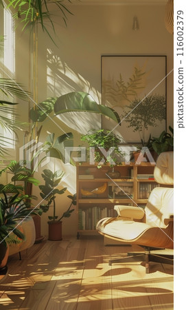 Living room filled with plants and sunlight, featuring a comfortable recliner chair and a bookshelf 116002379