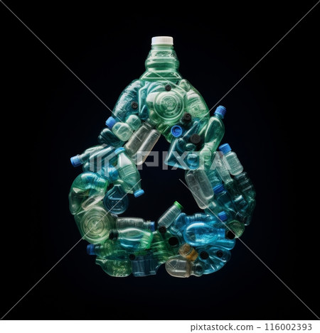 A collection of plastic bottles arranged to form the universal recycling symbol.  116002393