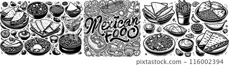 Trendy Mexican food line art black and white. Line art vector hand drawn doodle cartoon set of Mexican Food theme 116002394