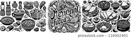 Trendy Mexican food line art black and white. Line art vector hand drawn doodle cartoon set of Mexican Food theme Trendy Mexican food line art black and white. Line art vector hand drawn doodle cartoon set of Mexican Food theme 116002401