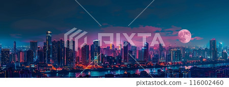 Cityscape at night with a full moon and vibrant lights. Urban skyline illuminated against a dark sky. 116002460