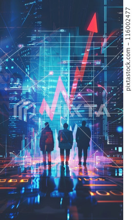 Silhouettes of business professionals with an upward arrow and financial charts. Representing business growth and success. 116002477