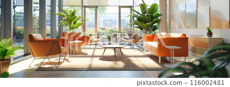 Spacious and bright office lounge with orange chairs and indoor plants. Cozy and modern waiting area. 116002481