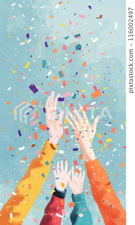 Celebratory hands reaching for colorful confetti on a light blue background. Ideal for depicting success, festive events, and joyful business achievements. Celebratory hands reaching for colorful confetti on a light blue background. Ideal for depicting success, festive events, and joyful business achievements. 116002497