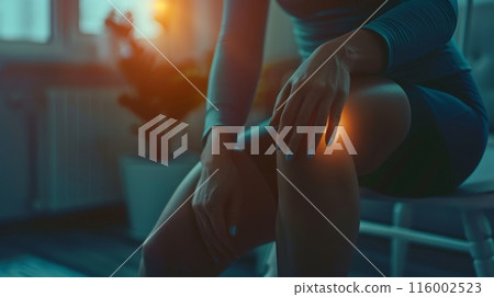 A woman sits in a dimly lit room and holds her knee in pain A woman sits in a dimly lit room and holds her knee in pain 116002523