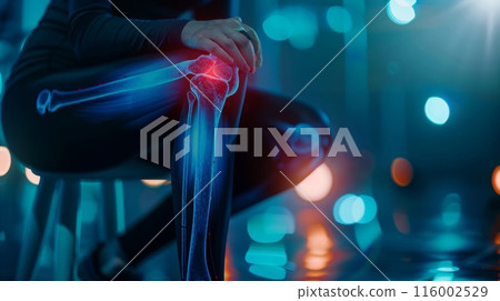 A person is shown with their knee highlighted with an X-ray overlay, with a red area indicating pain A person is shown with their knee highlighted with an X-ray overlay, with a red area indicating pain 116002529