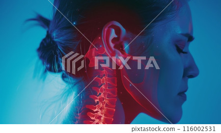 A close-up side view of a womans neck, with the spine highlighted 116002531