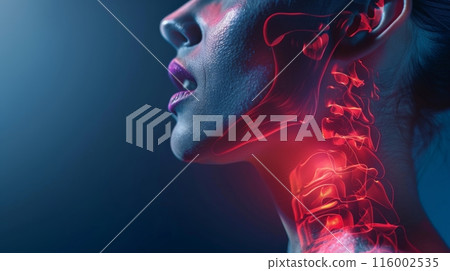 A close-up image of a womans neck with her cervical spine illuminated in a bright red light A close-up image of a womans neck with her cervical spine illuminated in a bright red light 116002535