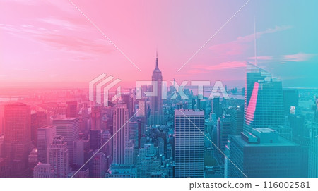 Pink and blue sunrise over a modern cityscape with iconic skyscrapers. Urban skyline and corporate environment 116002581