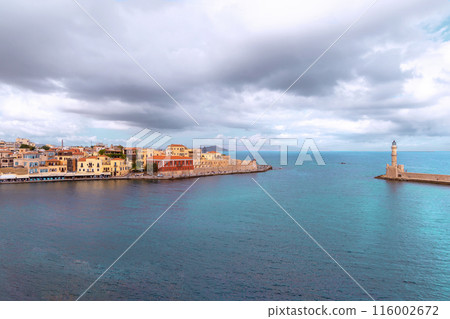 Landmarks of Crete - Panorama View of venetian port of Chania and lighthouse in old harbour of Chania, Greece. 116002672