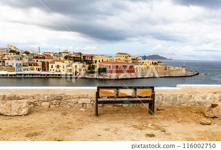 Landmarks of Crete - Beautiful venetian town Chania in Crete island. View of the old port of Chania, Greece. Landmarks of Crete - Beautiful venetian town Chania in Crete island. View of the old port of Chania, Greece. 116002750