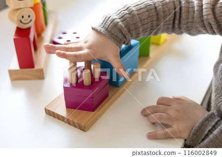 Child playing a fun-filled game of logic with colourful wooden blocks.  116002849