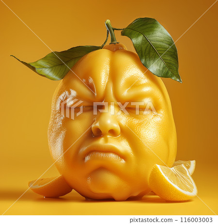 Lemon fruit with human face and closed eyes, and lemon slices around it, against yellow background 116003003