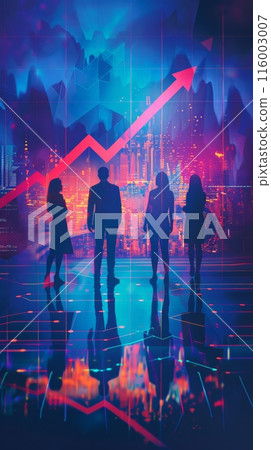 Silhouettes of business professionals with financial charts in the background. Representation of business growth and strategy. Silhouettes of business professionals with financial charts in the background. Representation of business growth and strategy. 116003007