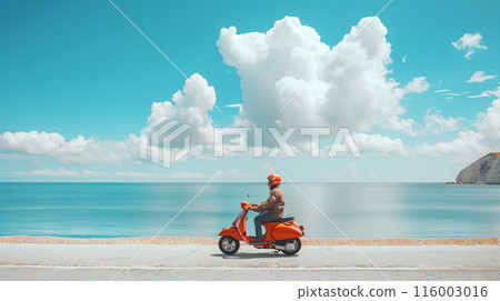 Man riding orange scooter on coastal road with calm sea and bright blue sky, minimalism, copy space 116003016