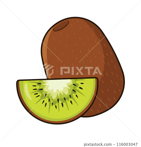 Ripe tropical kiwi fruit with a slice in cartoon style Ripe tropical kiwi fruit with a slice in cartoon style 116003047