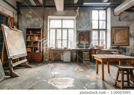 Creative artist workplace room. Workshop or creative class. Art studio interior 116003095