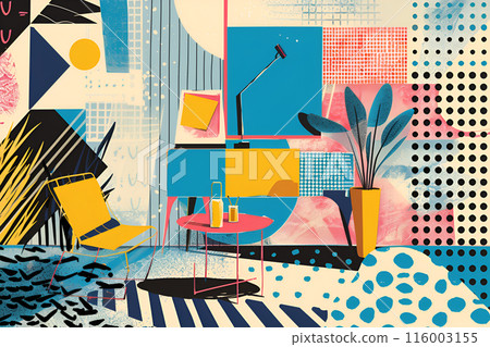 Collage of retro domestic interiors, design artwork of decorations 116003155