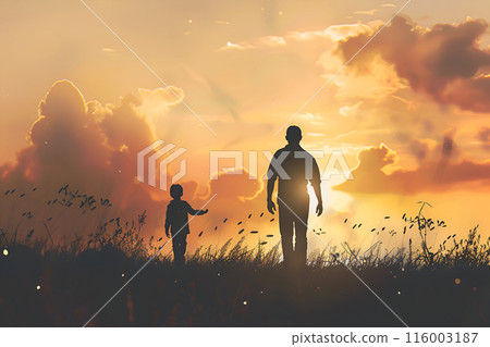 Father and son at sunset, true friends. Family time, Father's Day and fatherhood concept 116003187