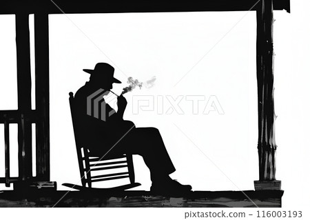 Old man smoking a cigar sitting on a porch Old man smoking a cigar sitting on a porch 116003193