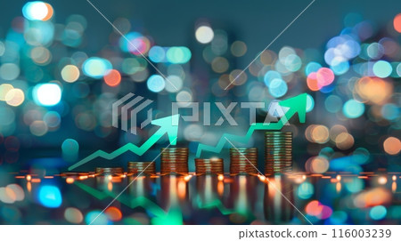 Stacks of coins with an upward arrow graph against a bokeh cityscape background. Financial growth and economic success concept. Stacks of coins with an upward arrow graph against a bokeh cityscape background. Financial growth and economic success concept. 116003239