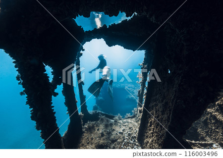 Freediver underwater among the ruins of a ship. Freediving in wreck ship 116003496