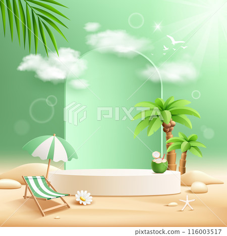 Summer podium display poster flyer design, coconut trees, pile of sand, coconut fruit, beach umbrella, on green background Summer podium display poster flyer design, coconut trees, pile of sand, coconut fruit, beach umbrella, on green background 116003517