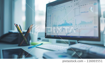Monitor displaying financial data with office supplies and documents on desk. Ideal for business analysis, financial planning, and office strategy visuals. 116003551