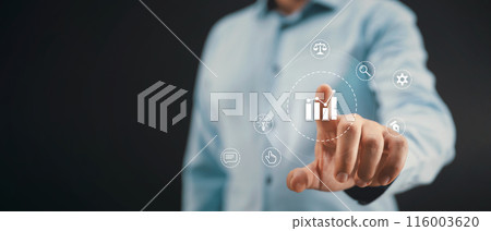 Businessman pointing chart, investor with tablet Businessman pointing chart, investor with tablet 116003620
