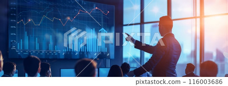Business presentation with a professional discussing graphs and charts on a large screen. Corporate environment focusing on growth strategies. 116003686