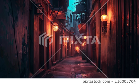 A lonely alleyway with flickering street lamps glowed in multicolored hues, creating an eerie, beautiful scene. A lonely alleyway with flickering street lamps glowed in multicolored hues, creating an eerie, beautiful scene. 116003704