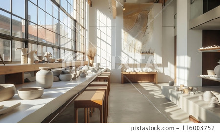 A sleek ceramic studio in a loft where artisans craft and display minimalistic and avant-garde pottery. 116003752