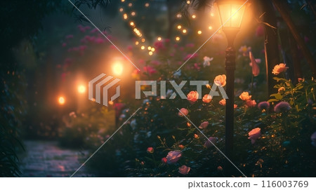 A poetic midnight garden stroll, with streetlights casting a gentle glow on blooming nocturnal flowers. 116003769