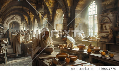In an old monastery, monks craft religious ceramics in a tranquil, devotional atmosphere with incense. 116003770